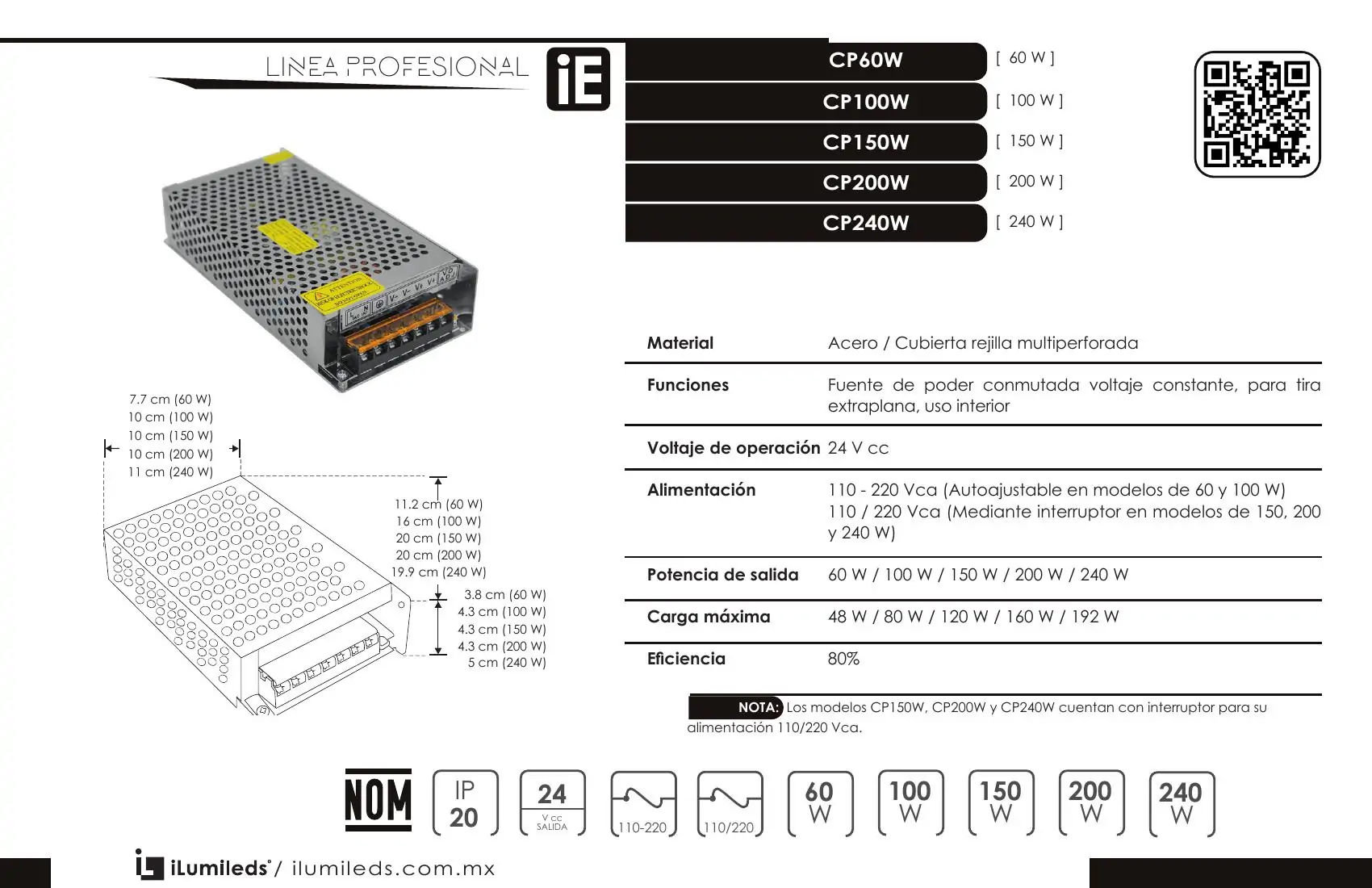 CP150W Fuente de alimentación conmutada para tira extraplana